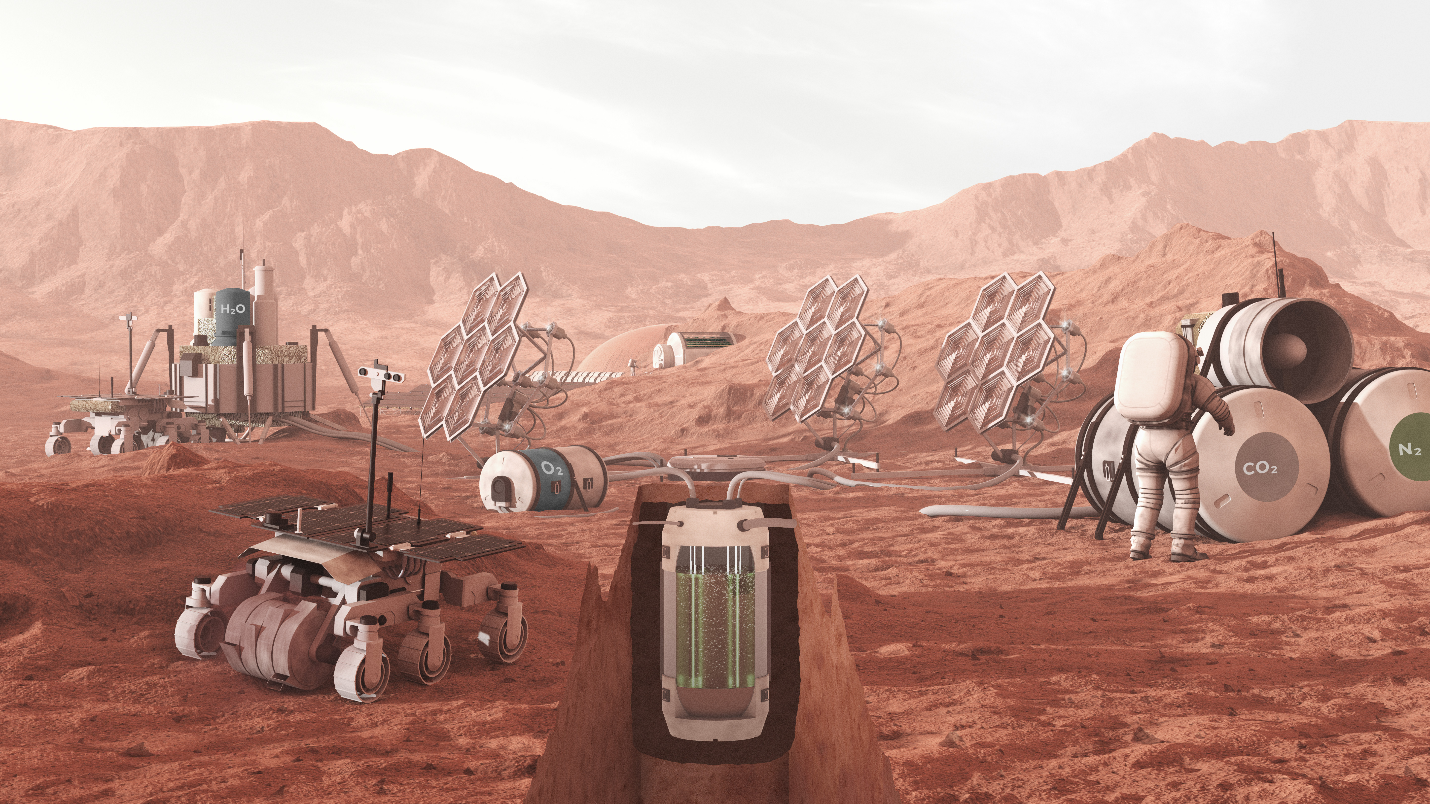 Illustration eines Photobioreaktors auf Basis von Cyanobakterien als Teil eines biologischen Lebenserhaltungssystems einer Mars-Station. (Copyright: Joris Wegner / ZARM, Universität Bremen)