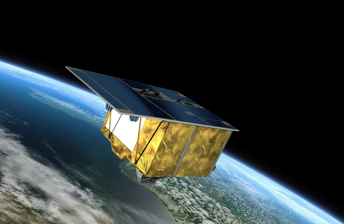 Hat seinen wissenschaftlichen Routinebetrieb aufgenommen: der Hyperspektral-Satellit EnMAP des DLR hier in einer künstlerischen Darstellung. © OHB